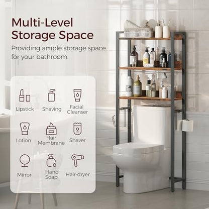 MAHANCRIS Over The Toilet Storage Rack, 3 Tier Bathroom Organizer Over Toilet, Freestanding Space Saver Toilet Stand with 2 Hooks, Bathroom Storage Shelf, Easy to Assemble, Rustic Brown TSHR6001