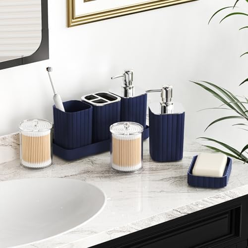 XLHOMO Bathroom Set with Shower Curtain and Rugs- 25PC Bathroom Accessory Set, Navy Blue Shower Curtain Set, Toilet Brush, Trash Can, Qtip Holder & Soap Dispenser