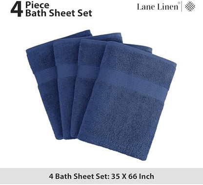 LANE LINEN Bath Sheet Set 100% Cotton 4 Pack Oversized Soft - Navy