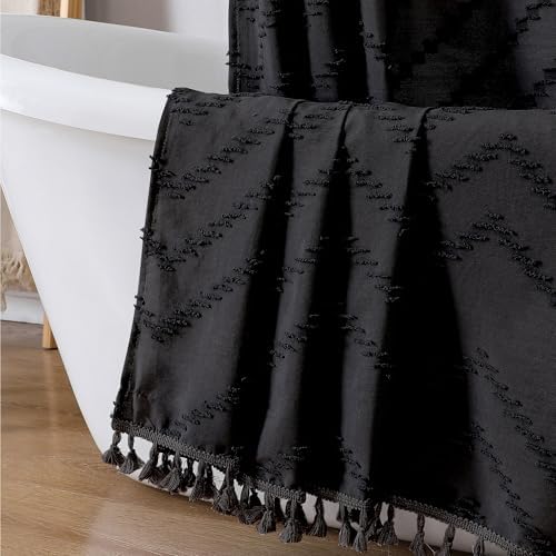 OWENIE Boho Shower Curtain, Black Fabric Cloth Shower Curtains Farmhouse Tufted Chevron Striped Textured with Tassel for Bathroom, Soft Hotel Style Modern Minimalist, Machine Washable, 72x72, Black