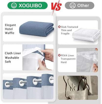 No Hook Shower Curtain with Liner Set Hotel Waffle Sky Blue 72W X 75L