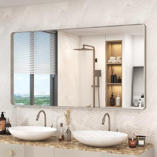 55x30 Inch Brushed Nickel Bathroom Mirror, Large Brushed Silver Metal Framed Wall Mirror, Rounded Corner Rectangle Modern Vanity Mirror, Tempered Glass, Anti-Rust, Shatterproof (Horizontal/Vertical)