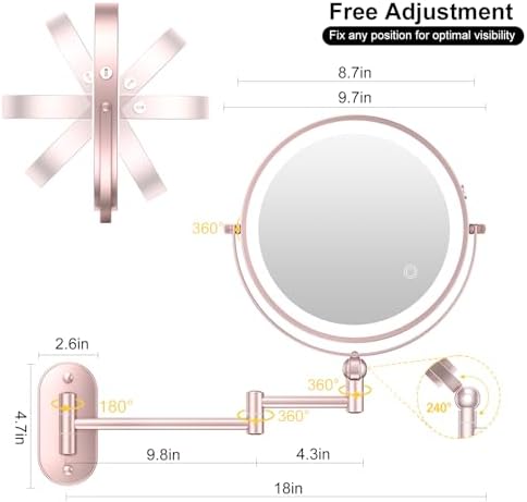 9" Wall Mounted Lighted Makeup Mirror,4000mAh Rechargeable Double Sided 1X/10X Magnifying Mirror with Light,3 Color Lights,Touch Dimmable,Extended Arm 360 Rotation Wall Mounted Makeup Mirror