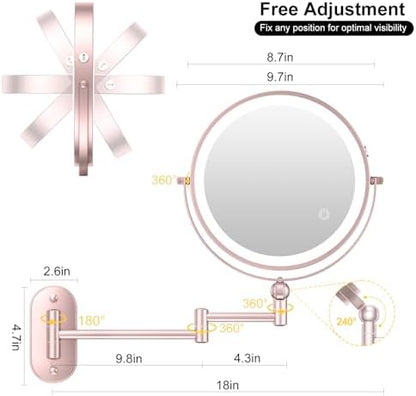 9" Wall Mounted Lighted Makeup Mirror,4000mAh Rechargeable Double Sided 1X/10X Magnifying Mirror with Light,3 Color Lights,Touch Dimmable,Extended Arm 360 Rotation Wall Mounted Makeup Mirror