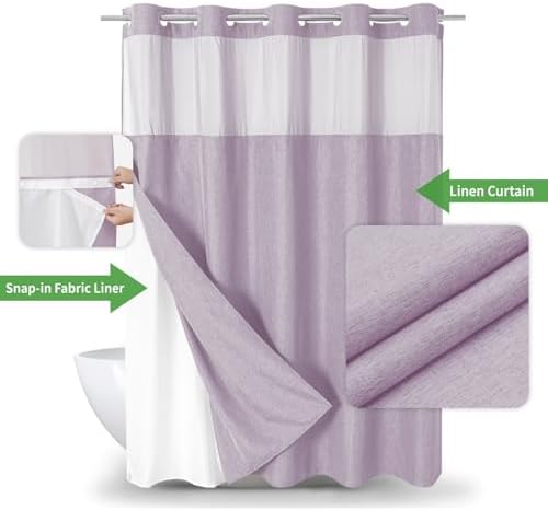 eachope No Hook Fabric Shower Curtain Set with Snap-in Liner,71x80 Lavender