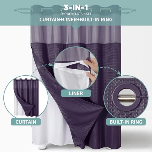 eachope No Hook Waffle Shower Curtain with Snap-in Liner, 71x74 Inch,Purple