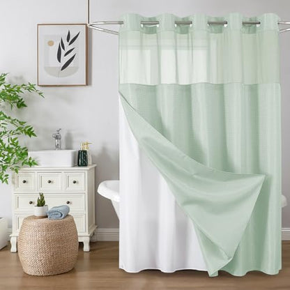 Colorful Star Mint Green No Hook Waffle Shower Curtain Set, 72" W x 75" L