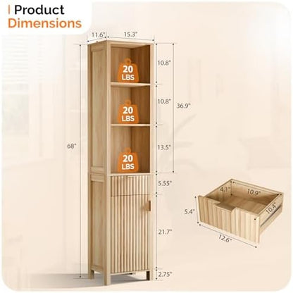 VINGLI Narrow Fluted Bathroom Floor Skinny Storage Cabinet with 1 Fluted Door&Drawer,68" Tall Narrow12 Inch Deep Slim Bathroom Storage Cabinet for Small Space w/3 Adjustable Shelves,Natural Oak Color