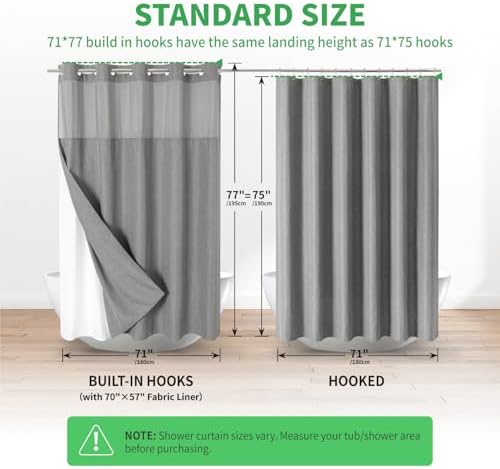 eachope No Hooks Needed Linen Textured Shower Curtain with Snap-in Fabric Liner Set,Grey Hotel Luxury Decor Shower Curtains for Bathroom,Waterproof & Washable,71Wx77H