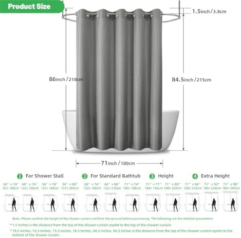 No Hook Waffle Shower Curtain, No Liner Needed, 71x86 Inch, Charcoal Grey