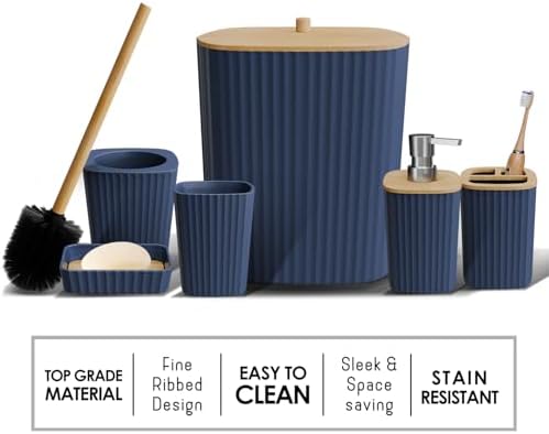 Clara Clark Bathroom Set - Navy Blue Bathroom Accessories Set, 6PC Bathroom Accessory Set, Bathroom Sets with Adhesive Corner Shower Caddy Hanging, Toilet Brush, Trash Can & Soap Dispenser