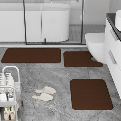 RUN HELIX Brown Bathroom Rugs Memory Foam Bath Mat Set 3 Piece Non-Slip Bath Rugs, Absorbent Shaggy Mats, Machine Wash,Perfect Plush Mats, Bathroom Carpets Set with U-Shaped Toilet Mat-Bedroom Rug