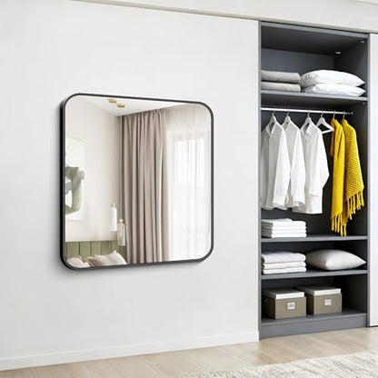 Black Bathroom Mirror, 38x40 inch Aluminum Metal Frame Rectangular Vanity Mirror, Large Wall Mounted Rectangle Mirrors with Rounded Corner for Over Sink Bedroom Living Room Horizontal/Vertical