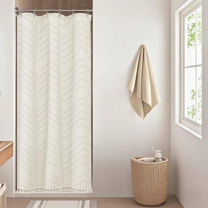 OWENIE Small Boho Stall Shower Curtain, Beige Fabric Cloth Stall Shower Curtain 36 x 72 Half Size with Tassel Tufted Chevron Striped Textured Modern Farmhouse for Bathroom, Machine Washable
