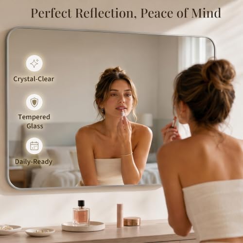 30x48 Inch Brushed Nickel Rounded Rectangle Bathroom Vanity Mirror