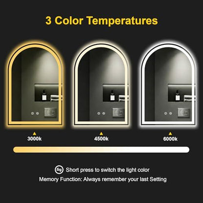 Arched LED Bathroom Mirror with Lights, 24" x 36" Lighted Vanity Mirror