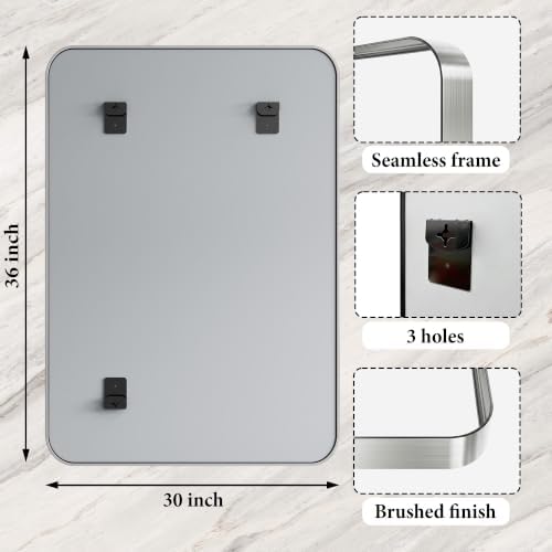 30x36 Inch Silver Metal Framed Bathroom Mirror for Wall, HD Tempered Glass
