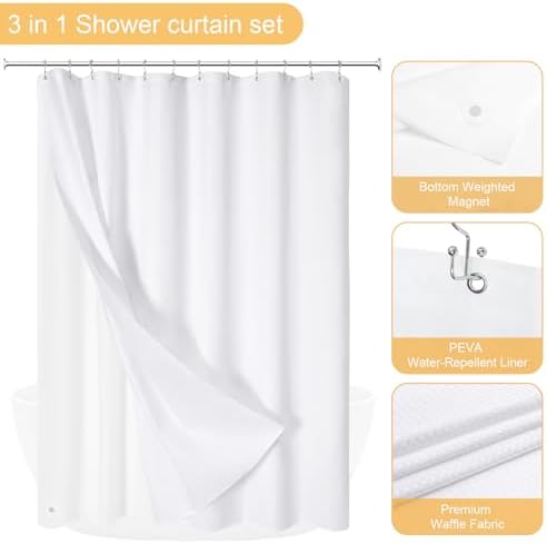 Gibelle 3 in 1 White Shower Curtain with PEVA Liner, 12 Hooks, 72x72