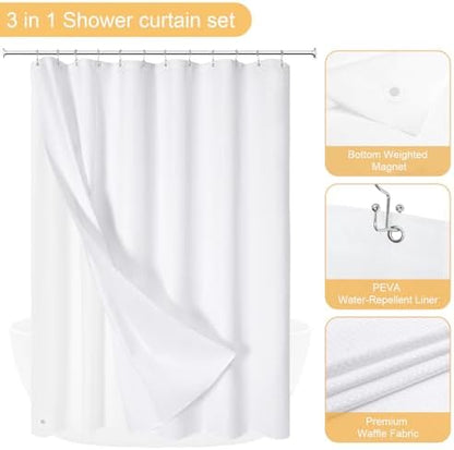 Gibelle 3 in 1 White Shower Curtain with PEVA Liner, 12 Hooks, 72x72