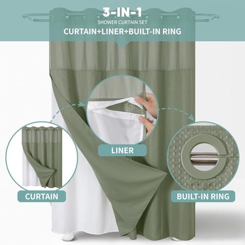 No Hook Waffle Shower Curtain with Snap-in Liner, 60x74 Inch, Sage Green