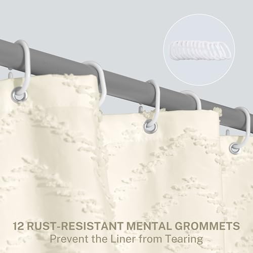 Siiluminisoy Extra Long Cream Shower Curtain with Tassel, Woven Fabric 90 in, Tufted Chevron Striped, 72 x 90, Modern Chic Textured Minimalist Bathroom