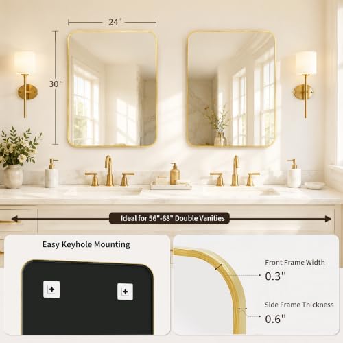 2-Pack 24x30 Inch Brushed Gold Rounded Rectangle Vanity Mirrors