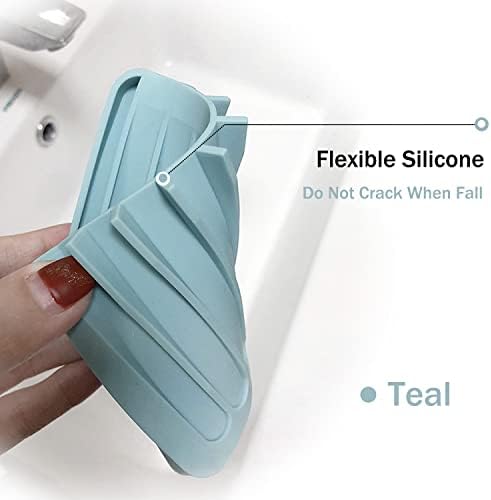 4PCS Self Draining Soap Holder, Premium Silicone Soap Dish, Waterfall Drainer Soap Saver for Bathroom, Kitchen, Bath Tub, Extend Soap Life, Keep Soap Bars Dry Easy Clean (Grey & Teal)
