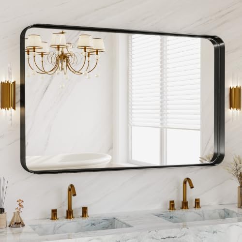 50x30 Inch Black Metal Framed Bathroom Mirror for Wall, HD Tempered Glass