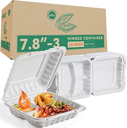 65 Pack 30oz 7.8 Inch To Go Containers - Shrink Wrapped No Pre-Wash | 3 Compartment Reusable & Sturdy | Microwave, Dishwasher and Freezer Safe Meal Prep Boxes for Leftovers, Catering & Takeout