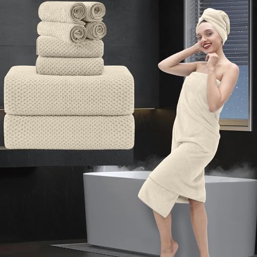 8 Piece Bathroom Towel Set |2 Oversized Bath Towels,2 Hand Towels,4 Washcloths| 600GSM Soft Large Bath Sheet Luxury Premium Microfibers Towel Highly Absorbent Quick Dry Hotel Towel Collection,Beige