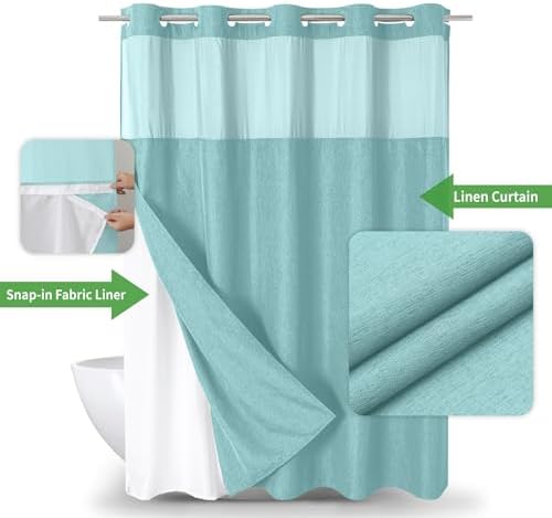 eachope No Hook Linen Texture Shower Curtain with Snap-in Liner,71x74 Teal