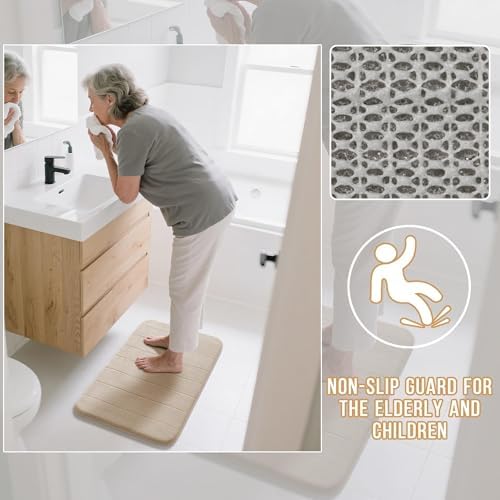 Yimobra Memory Foam Bathroom Rugs Sets 2 Piece - Super Soft Absorbent Quick Dry Bath Mat Set, Machine Washable Non Slip Floor Carpet for Tub Shower & Single Sink (17x24 & 31.5x20 Inch, Beige)