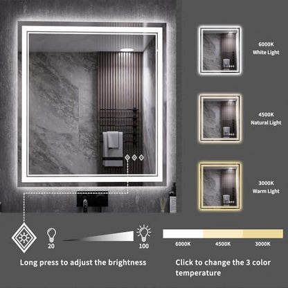 LED Bathroom Mirror, 28x32 Inch Gradient Front and Backlit LED Vanity Mirror, 3 Colors Dimmable CRI>90 Double Lights, IP54 Enhanced Anti-Fog, Hanging Plates Wall Mount Backlit Mirror
