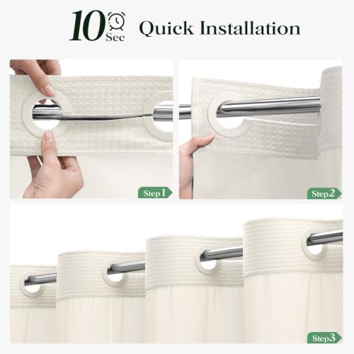 Dynamene Ivory Hook Free Waffle Shower Curtain & Snap-in Fabric Liner,72x75