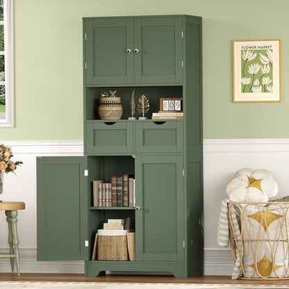 Iwell 58" H Tall Bathroom Storage Cabinet with 2 Drawers & 2 Adjustable Shelves, Bathroom Cabinet with 4 Doors, Tall Cabinet for Living Room, Dining Room, Entryway, Forest Green