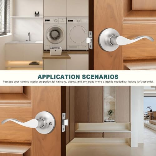 GOBEKOR 5 Pack Brushed Nickel Passage Door Levers Interior Door Handles for Hallway and Closet Door Lock Keyless Wave Lever Door Handles