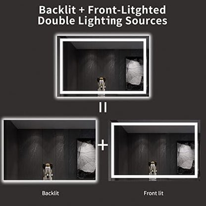 LOAAO 60X40 LED Bathroom Mirror with Lights, Anti-Fog, Dimmable, Backlit + Front Lit, Lighted Bathroom Vanity Mirror for Wall, Memory Function, Tempered Glass, ETL Listed