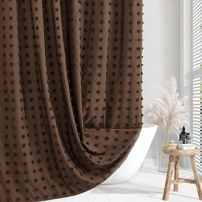 Siiluminisoy Brown Boho Farmhouse Shower Curtain Woven Fabric Shower Curtain, 72 x 78 Pleat Floral Puffs Tufted Textured Modern Farmhouse Minimalist Shower Curtain Set for Bathroom