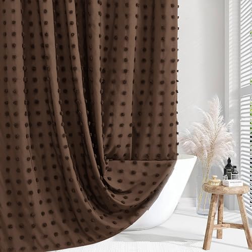 Siiluminisoy Brown Boho Farmhouse Shower Curtain Woven Fabric Shower Curtain, 72 x 90 Pleat Floral Puffs Tufted Textured Modern Farmhouse Minimalist Shower Curtain Set for Bathroom