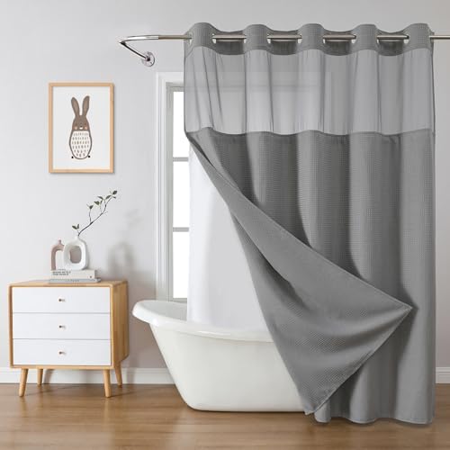 eachope No Hook Waffle Shower Curtain with Snap-in Liner, 71x77 Inch, Grey