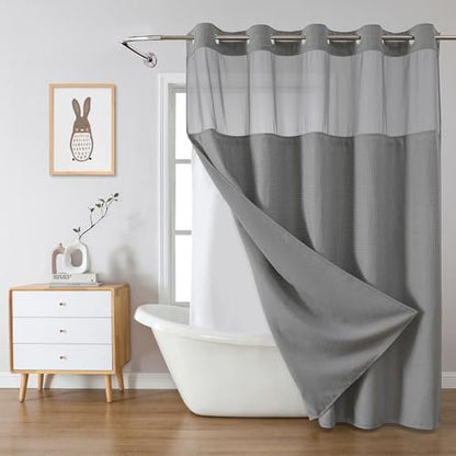 eachope No Hook Long Waffle Shower Curtain, Snap-in Liner, 71x86 in, Grey
