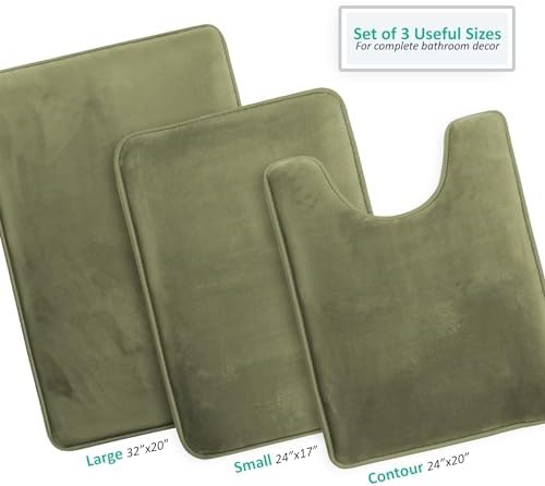 Clara Clark 3 Piece Bathroom Rugs Bath Mat Set, Velvet Memory Foam Bath Mats for Bathroom - Non-Slip, PVC Backing Bath Rugs, Washable - Dries Quickly, Green