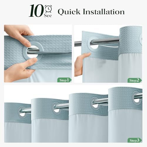 Dynamene Fog Blue Hook Free Waffle Shower Curtain & Snap-in Liner,72x87