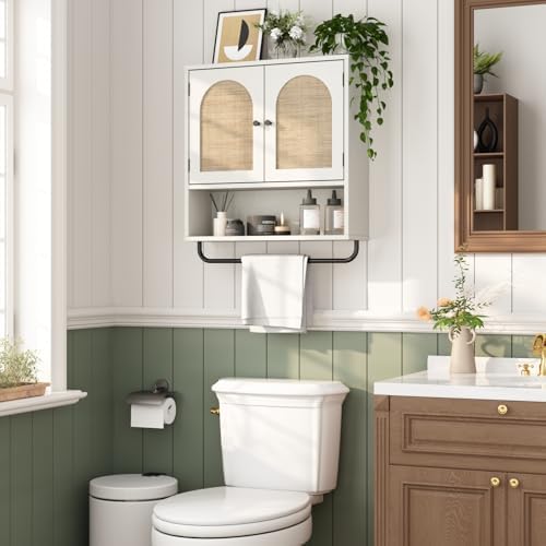 RUSTOWN Rattan Bathroom Wall Cabinet, Boho Medicine Cabinet with 2 Doors