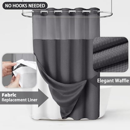 No Hook Shower Curtain with Liner Set Hotel Waffle Dark Grey 72W X 75L