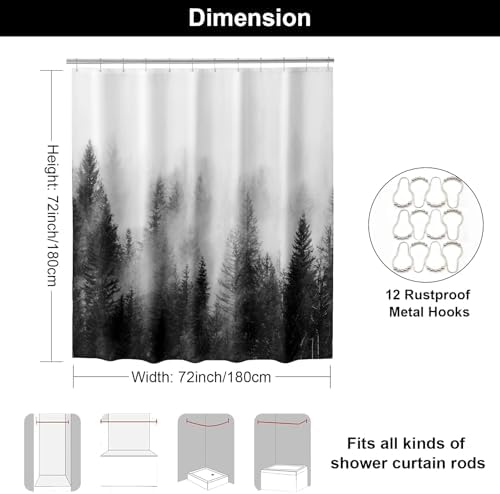 ORTIGIA Black and White Misty Forest Shower Curtain for Bathroom, Nature Woodland Curtain Set with Hooks, Decorative Pine Tree Fog Magic Bath Decor for Home Weighted, 72x72