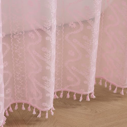 WAZZIO Pink Lace Shower Curtain - Vintage Pretty Pastel Girl Floral Shower Curtain Girly, Cute Coquette Tassel Princess Bath Curtains for Bathroom, 72 x 72 Inch, 1 Panel