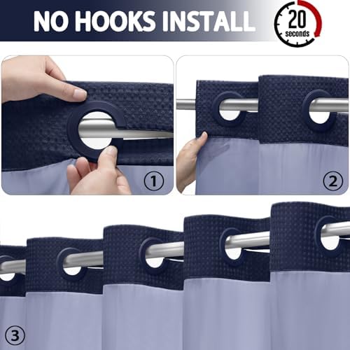 No Hook Shower Curtain with Liner Set Hotel Waffle Curtain Blue 72W X 75L