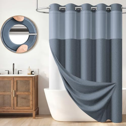 BTTN Blue Ringless Linen Textured Shower Curtain with Snap in Liner, 72x75
