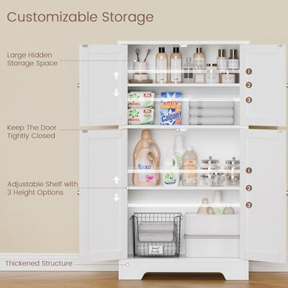 TEENFON Bathroom Floor Storage Cabinet, Freestanding Bathroom Storage Unit with 2 Adjustable Shelves & 4 Doors, White